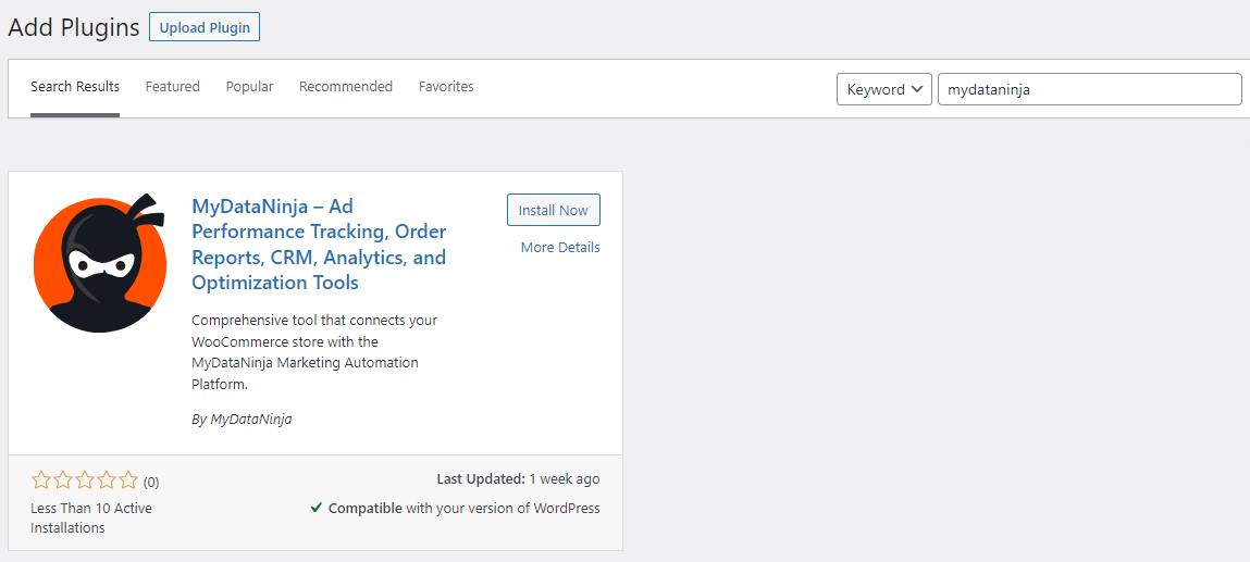 Screen from wordpress back panel showing mydataninja plugin